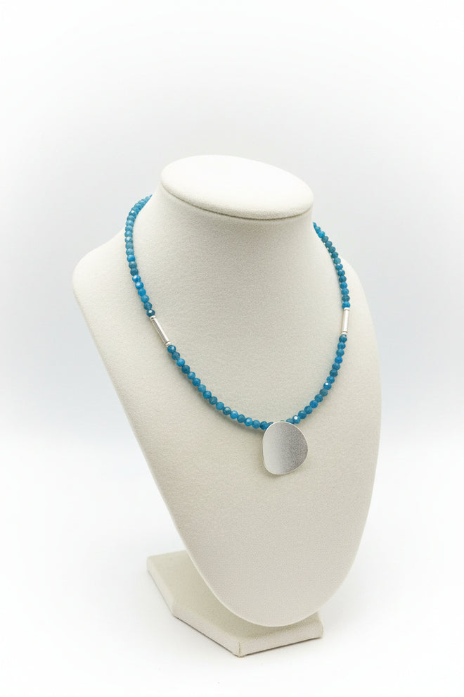 Apatite Beads Necklace with Round Curved Silver Pendent