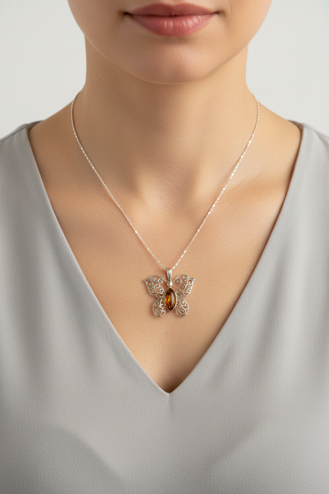 Sterling Silver Almond Amber Butterfly Necklace