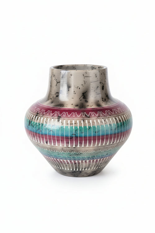 Navajo Carved Round Vase by Artist Yolanda Yazzie 6.5"H x 7"W