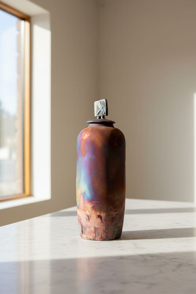 Tall Raku Ceramic Pot with Dragonfly Lid