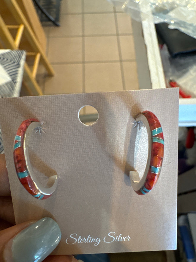 Spiny Oyster and Turquoise 1-Inch Half Hoops