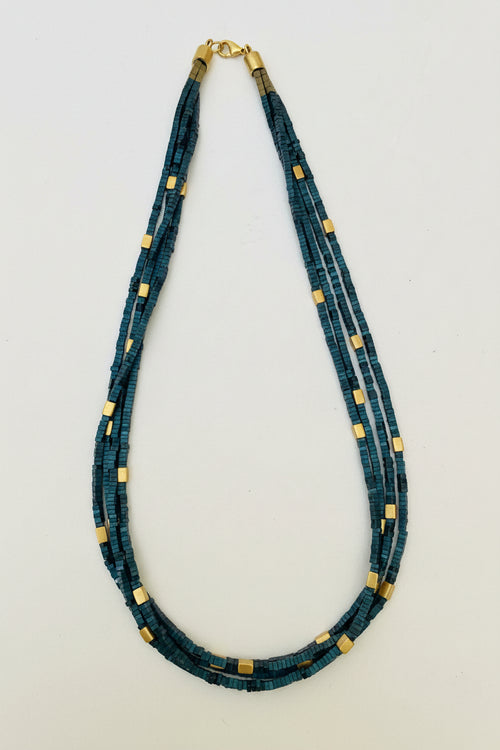 4 Strand Blue Hematite Square Beaded Necklace