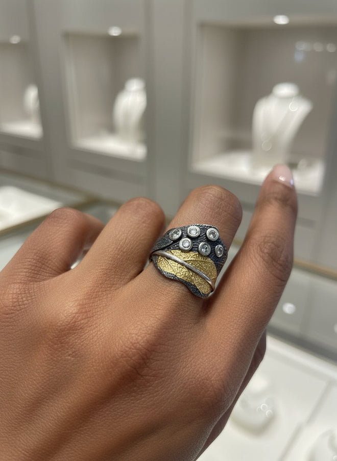 Oxidized Sterling Silver & 24k Gold Ring — Custom Stones & Metals, Handmade Luxury