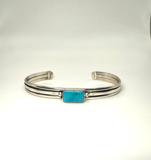 Navajo Made Kingman Turquoise Cuff Bracelet — Sterling Silver (Adjustable)