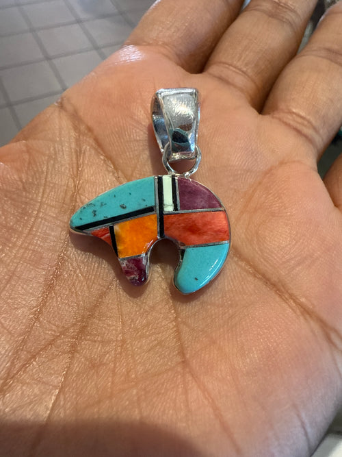 Multi Stone Native American Bear Pendent - Handmade Navajo