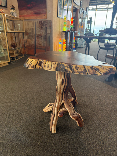 One-of-a-Kind Live Edge Mesquite End Table with Turquoise & Copper Inlay – Handmade in Arizona