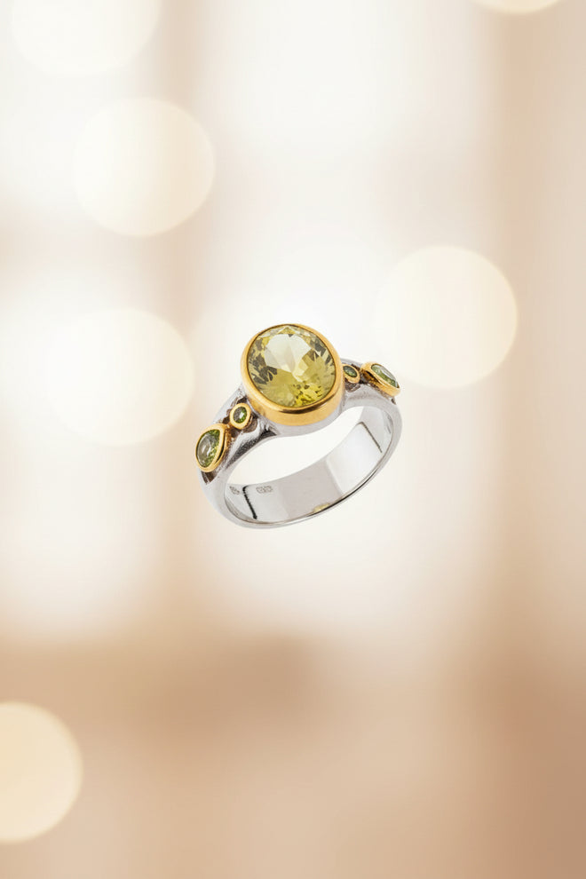 Lemon Quartz - Peridot - Green Chrome Diopside Ring
