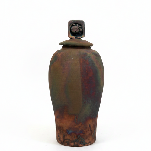 Tall Raku Ceramic Pot with Ladybug Lid
