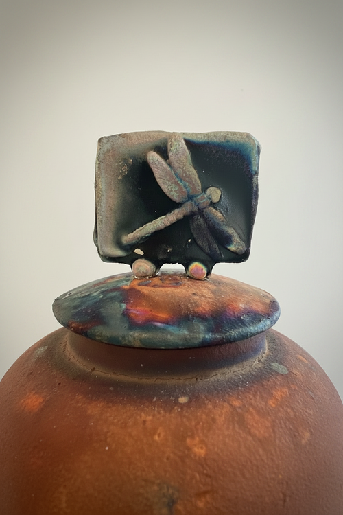 Tall Raku Ceramic Pot with Dragonfly Lid