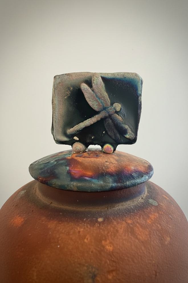 Tall Raku Ceramic Pot with Dragonfly Lid