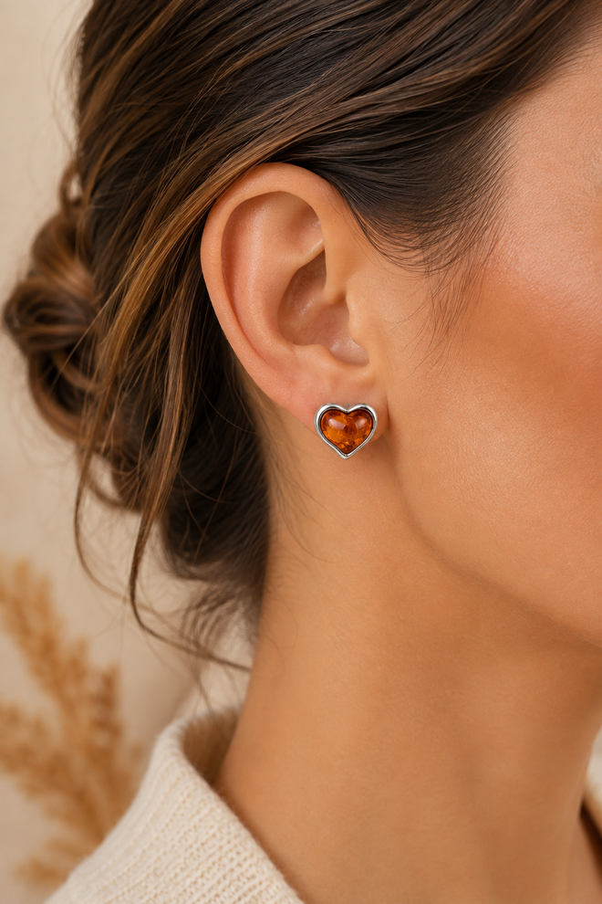 Baltic Amber Heart Stud Post Earrings 