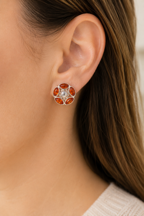 Baltic amber flower stud earrings in sterling silver with honey and cognac amber stones