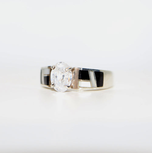 Mother of Pearl & Black Jade Inlay Ring (6 mm CZ) — Sterling Silver | Custom Gold