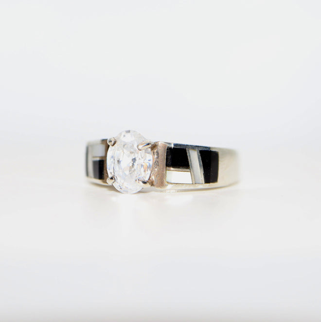 Mother of Pearl & Black Jade Inlay Ring (6 mm CZ) — Sterling Silver | Custom Gold