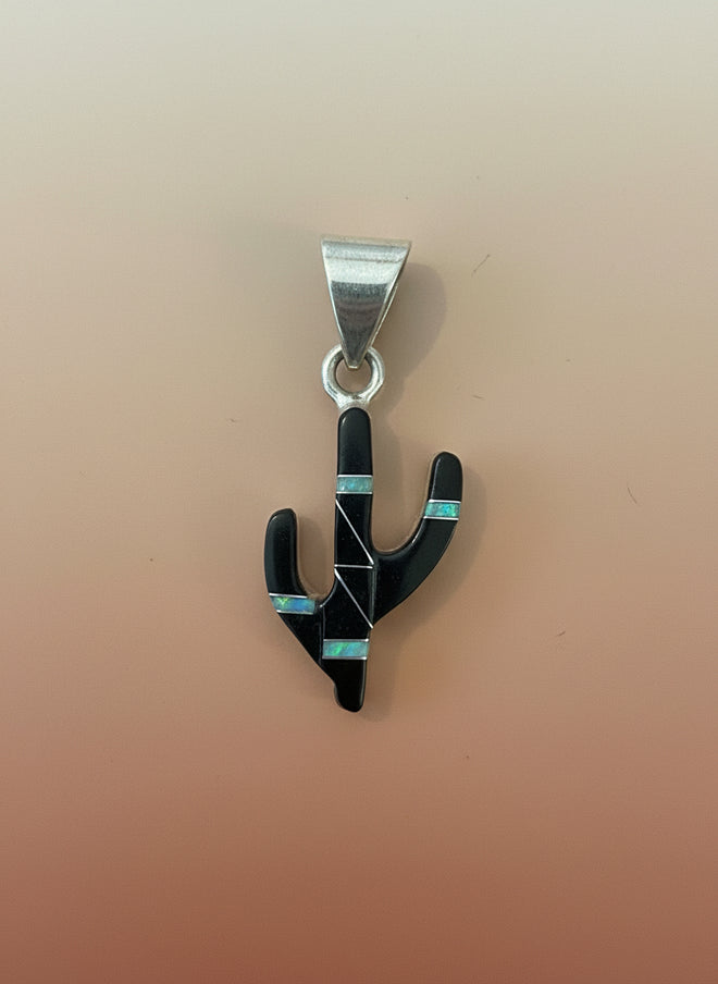 Black Jade & Opal Cactus Pendent - Double Sided