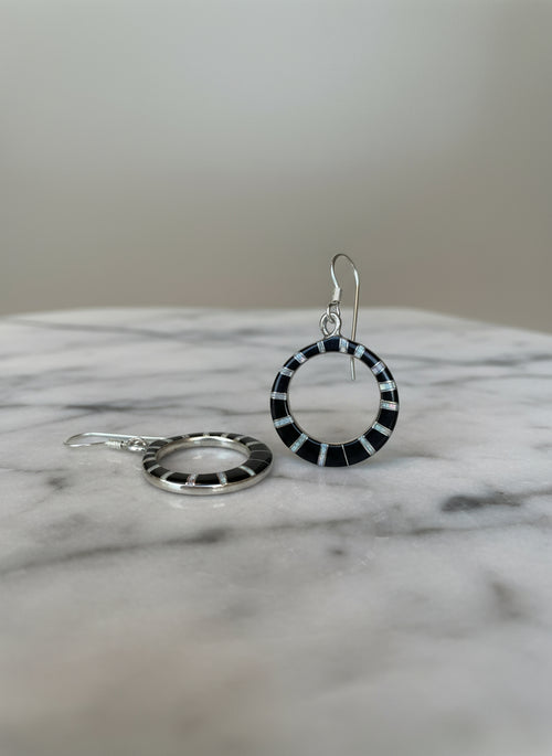 Circle Drop Dangle Earrings Black Jade & Opal