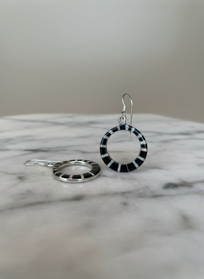 Circle Drop Dangle Earrings Black Jade & Opal