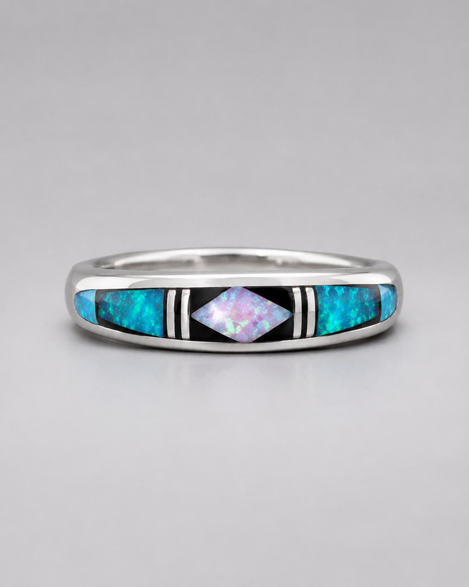 Black Jade and Opal Navajo Stone Inlaid Ring