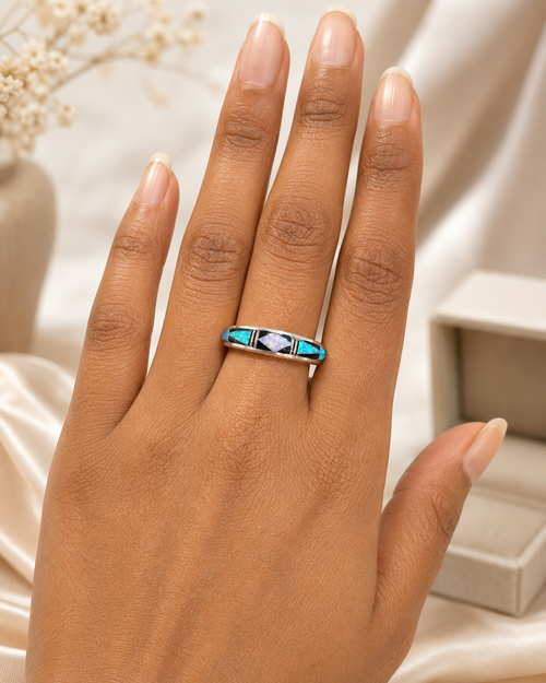 Black Jade and Opal Navajo Stone Inlaid Ring on hand