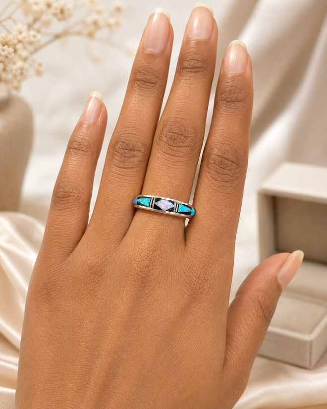 Black Jade and Opal Navajo Stone Inlaid Ring on hand