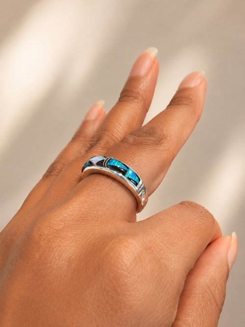 Black Jade and Opal Navajo Stone Inlaid Ring on hand side design