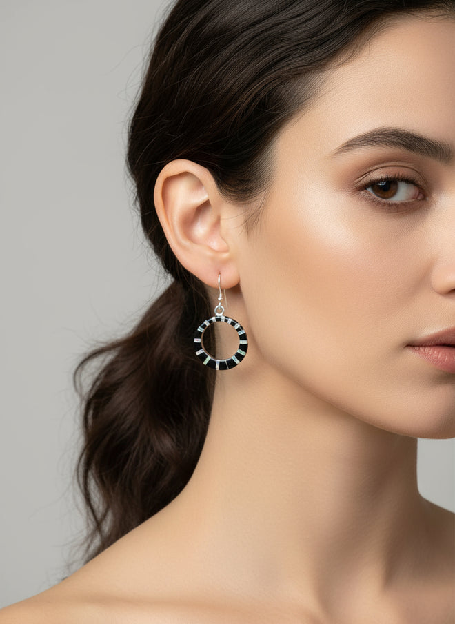 Circle Drop Dangle Earrings Black Jade & Opal