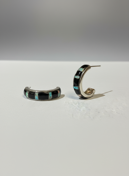 Black Jade & Opal Half Moon Hoop Post Earrings