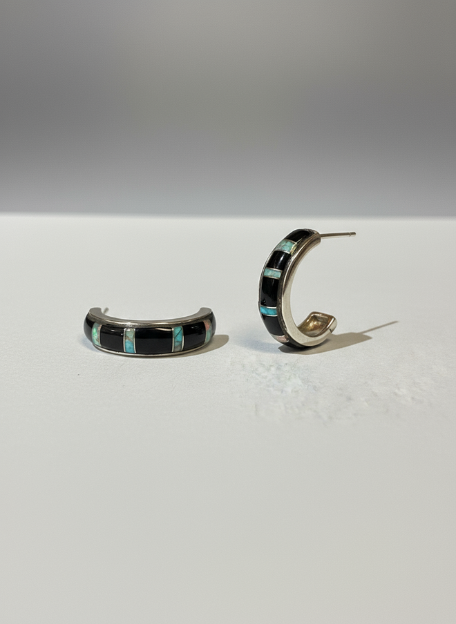 Black Jade & Opal Half Moon Hoop Post Earrings