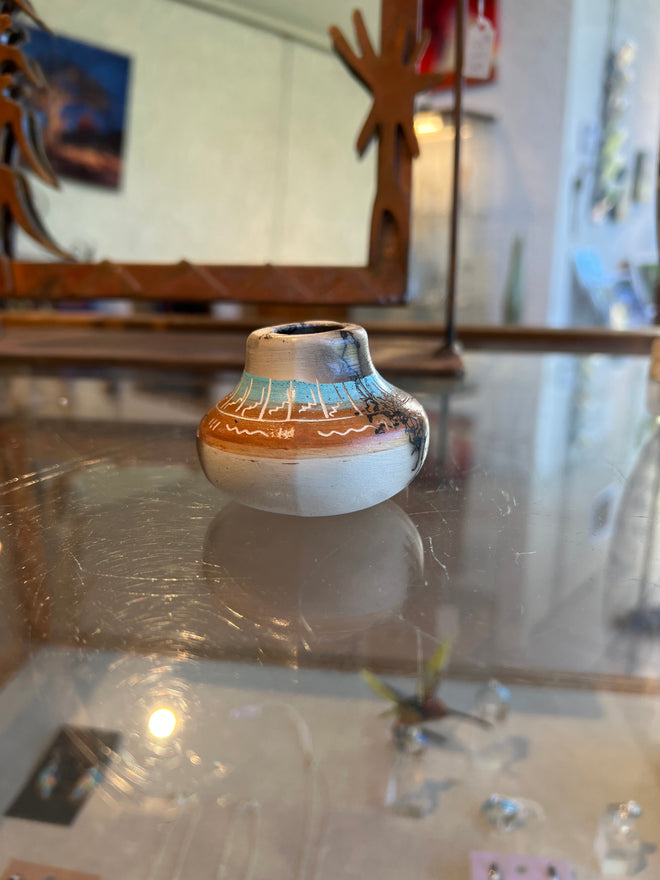Shana Sam Horsehair Pottery – Ceramic Brown and Light Blue Vase
