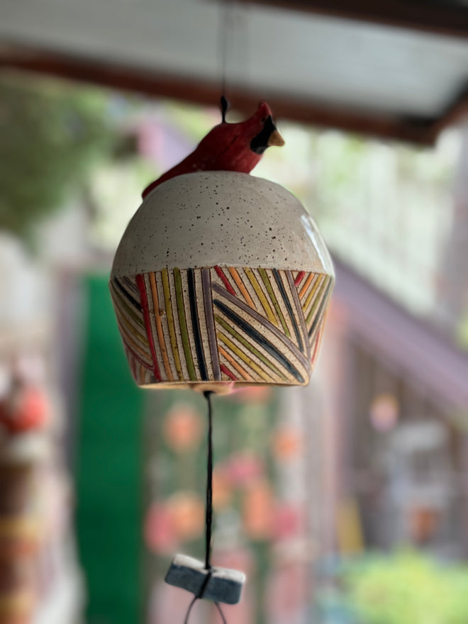 Handmade Colorful Ceramic Bell with Hanging Cardinal