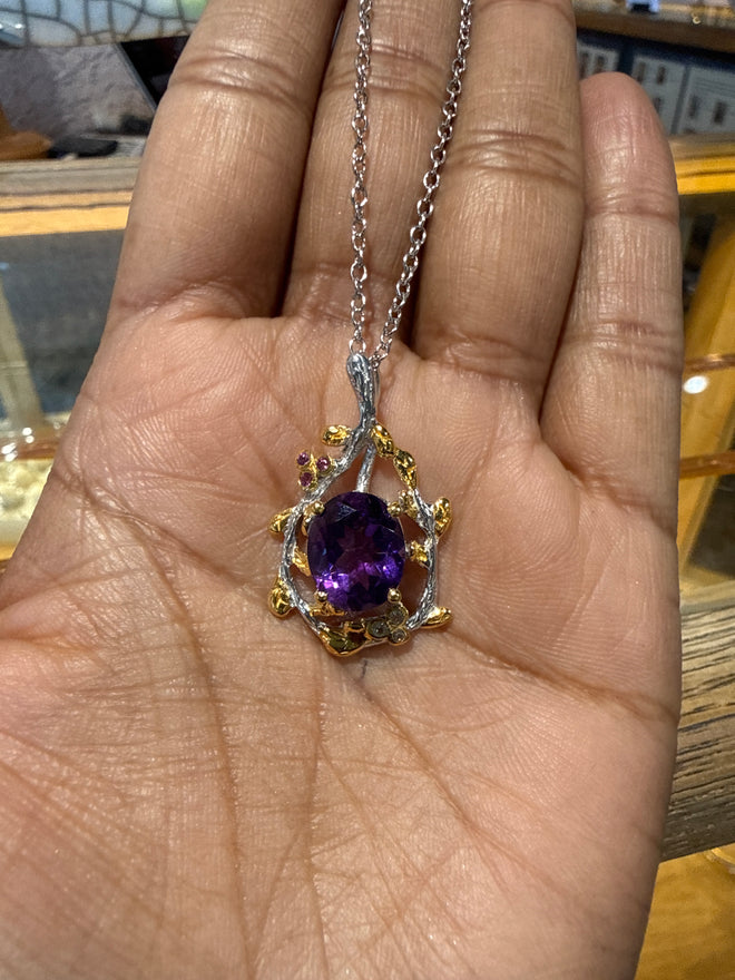 Amethyst, Rhodolite & White Topaz Necklace