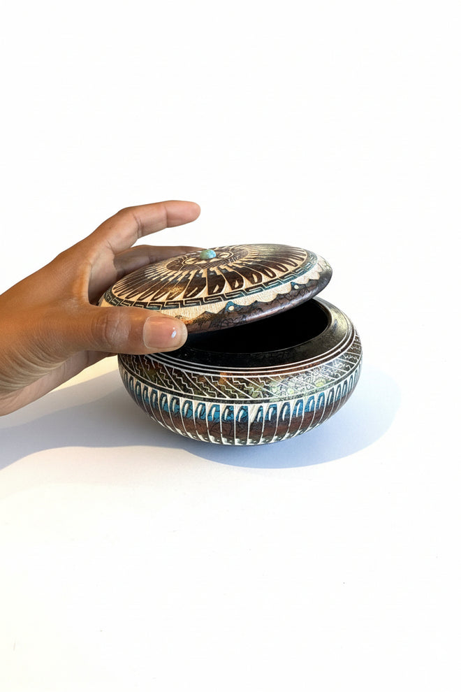 Navajo Carved Lidded Vassel by Artist Myron Charley 3"H x 5"W