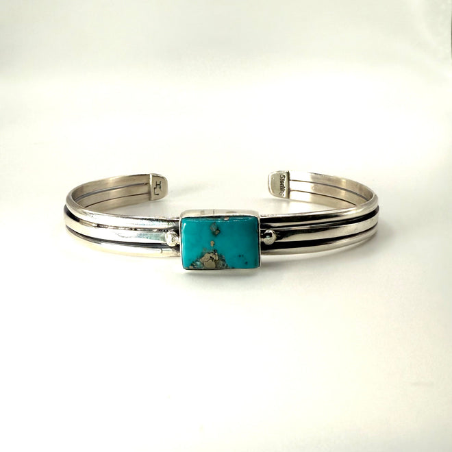 Navajo Made Kingman Turquoise Cuff Bracelet — Sterling Silver (Adjustable)