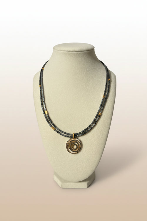 2 Strand Grey Hematite Beaded Necklace with Golden Pendent
