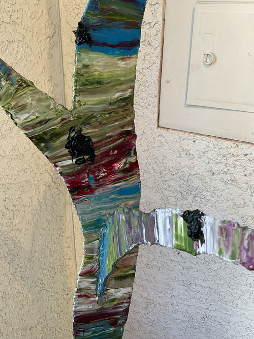 Large metal tree. Oil on metal. 6’4x3’2x2’9