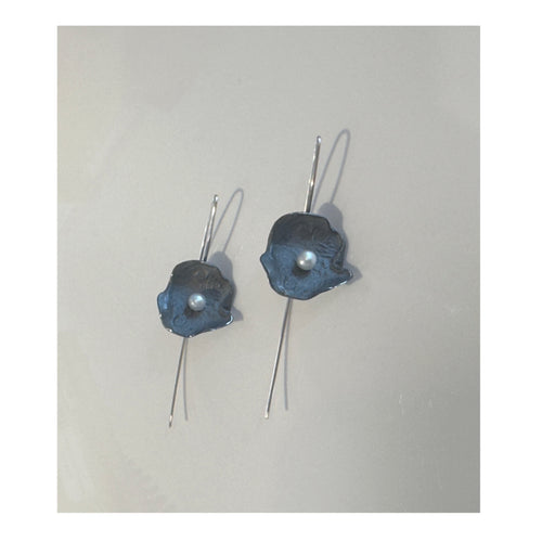 Oxidized Silver Petal Earrings with Pearl (Large)