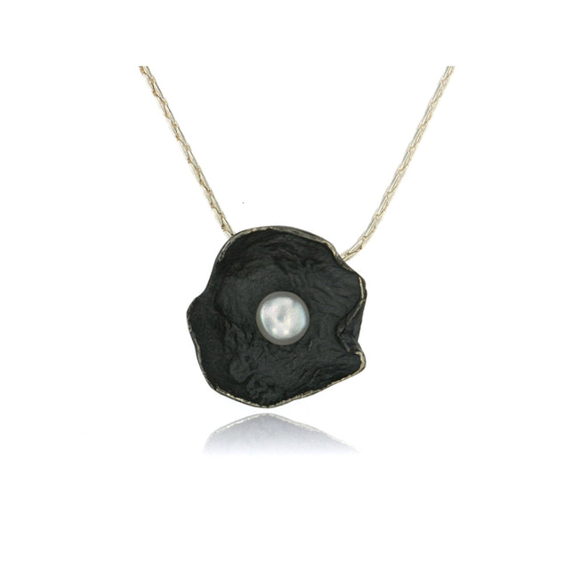 Black Petal Pendent with Pearl - Oxidized Sterling Silver (Medium)