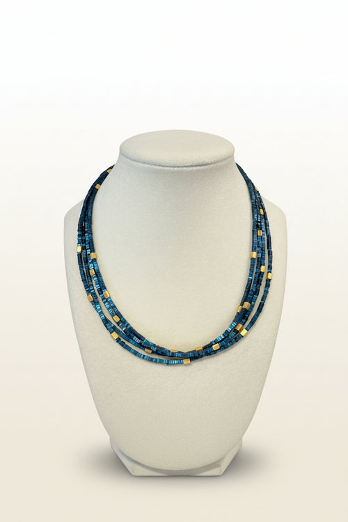 4 Strand Blue Hematite Square Beaded Necklace