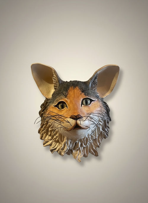 Ceramic Calico Cat Head Sculpture - Wall Hanging
