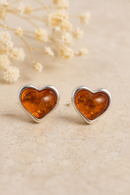 Baltic Amber Heart Earrings in Sterling Silver – 14mm