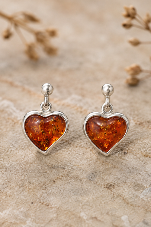 Natural Baltic Amber Heart Drop Earrings in Sterling Silver