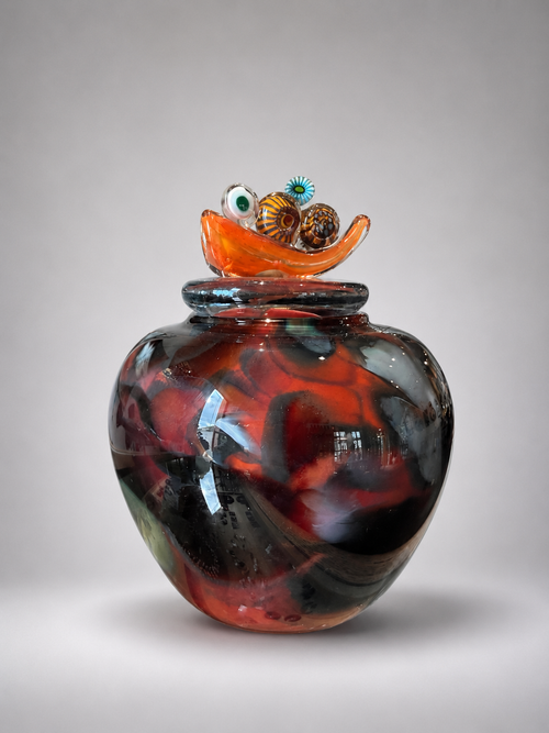 Dark Red Accent Handblown Glass Lidded Vessel by Jon Oaks