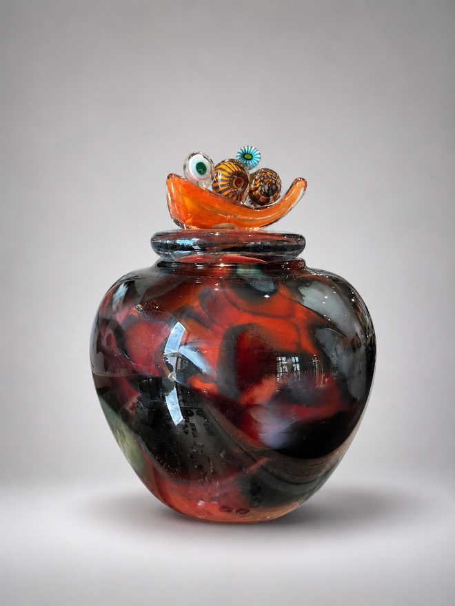 Dark Red Accent Handblown Glass Lidded Vessel by Jon Oaks