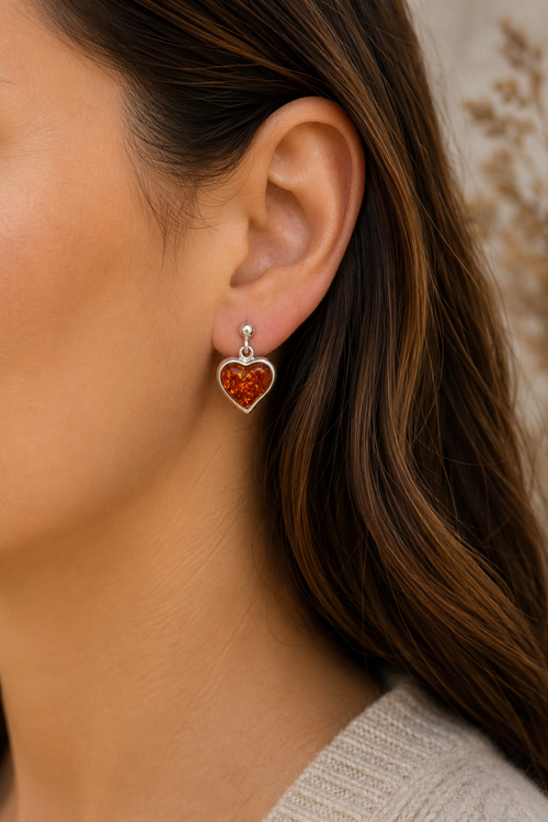 Natural Baltic Amber Heart Drop Earrings in Sterling Silver