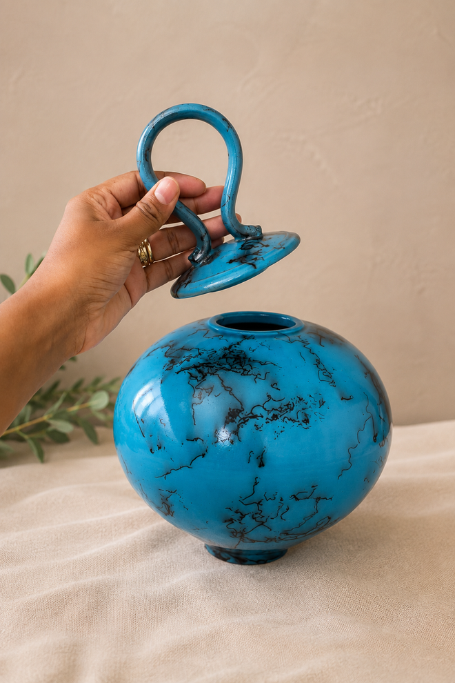 Turquoise Blue Horsehair Pottery Vessel with Loop Handle Lid