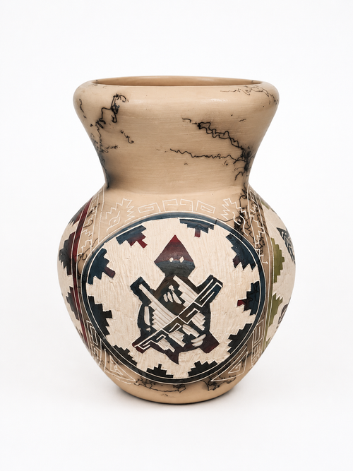 Handmade Navajo Four-Sided Horsehair Pottery Vase by Carla Joe – Eagle, Elk, Turtle & Coyote