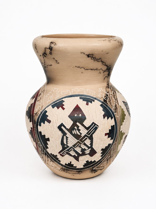 Handmade Navajo Four-Sided Horsehair Pottery Vase by Carla Joe – Eagle, Elk, Turtle & Coyote