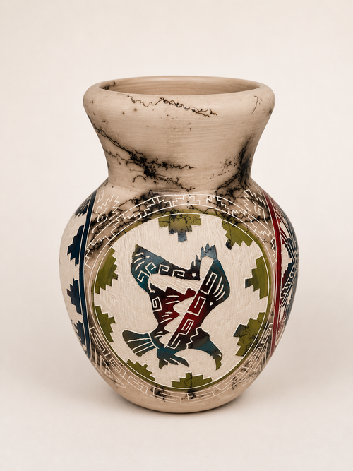 Handmade Navajo Four-Sided Horsehair Pottery Vase by Carla Joe – Eagle, Elk, Turtle & Coyote