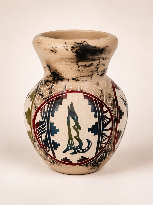 Handmade Navajo Four-Sided Horsehair Pottery Vase by Carla Joe – Eagle, Elk, Turtle & Coyote