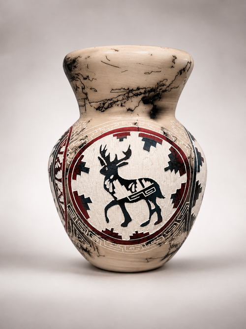 Handmade Navajo Four-Sided Horsehair Pottery Vase by Carla Joe – Eagle, Elk, Turtle & Coyote